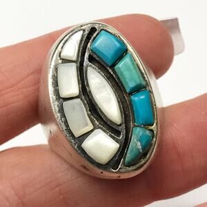 Men's Heavy 20g Sterling Silver Zuni Hummingbird Turquoise MOP Chunky Ring 10.75